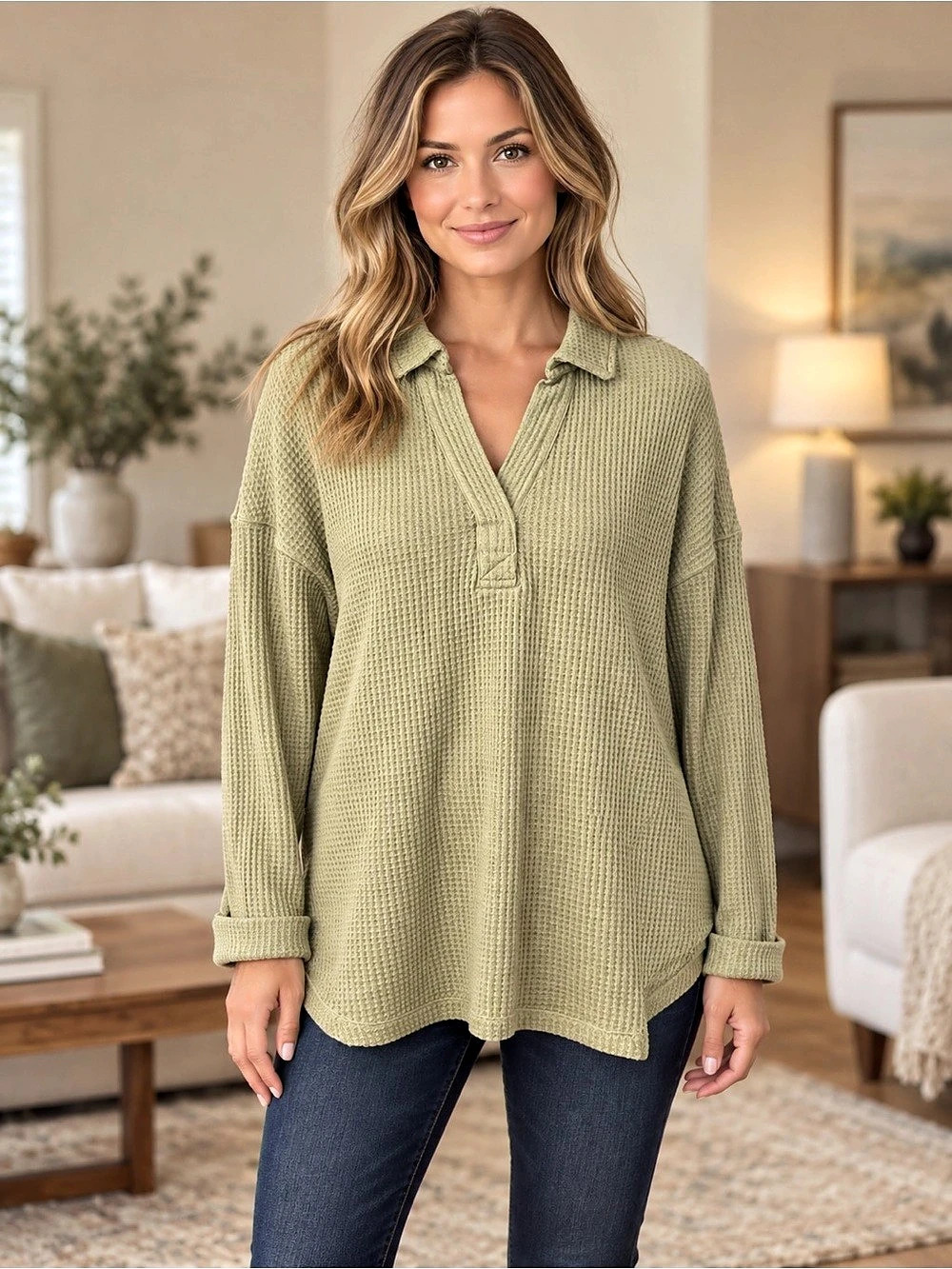 398)Buffalo David Bitton Waffle Knit V-Neck Green Size Medium NWT